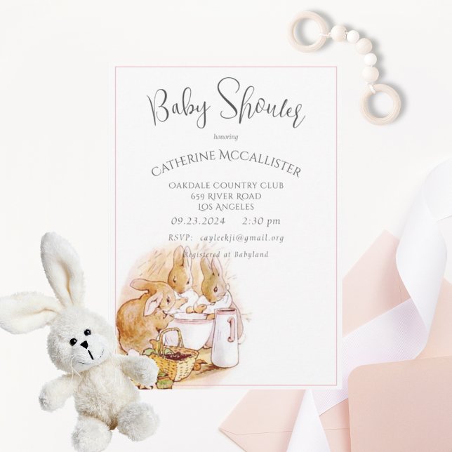 Invitation Beatrix Potter Bunny Baby shower fille rose (Créateur téléchargé)