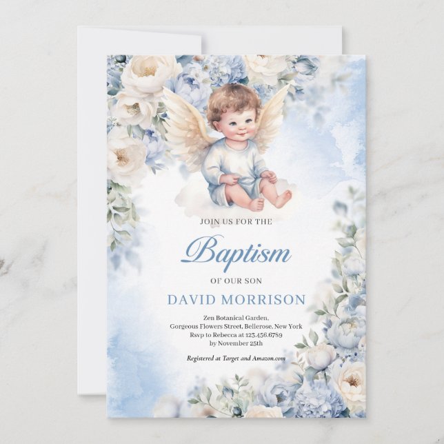 Invitation Beau ange bébé Dusty Blue ivoire Fleurs Baptême (Devant)
