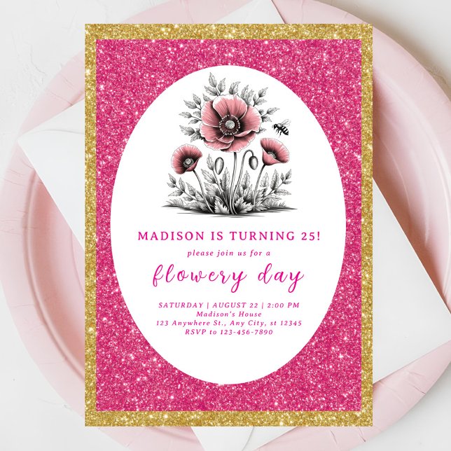 Invitation Beau anniversaire de fleurs roses (Créateur téléchargé)