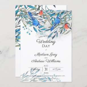 Invitation Beau Aquarelle Oiseaux et mariage de Foliage