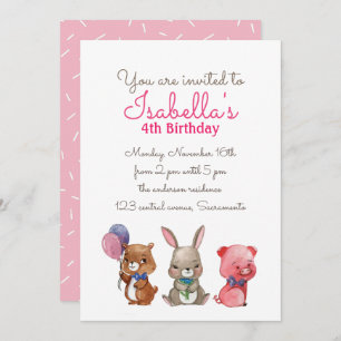 Invitation Beau Aquarelle ours lapin cochon ANNIVERSAIRE