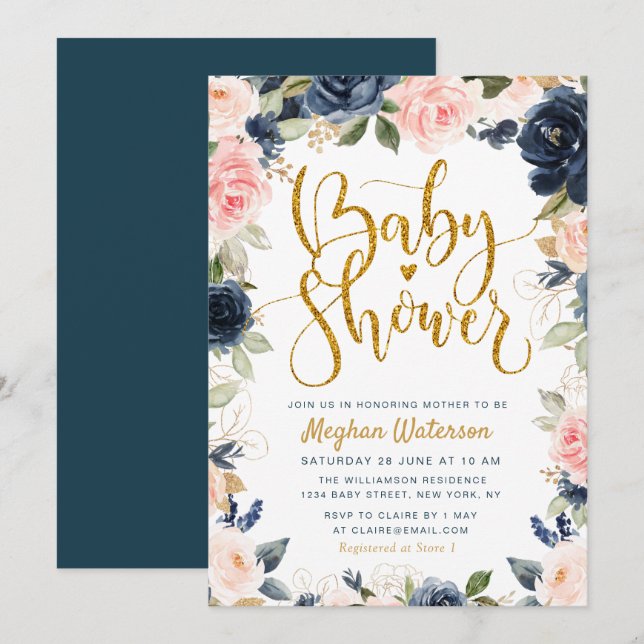 Invitation beau baby shower bleu marine et floral (Devant / Derrière)