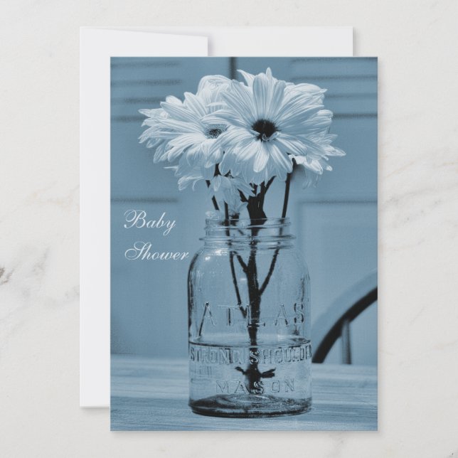 Invitation Beau Baby shower bleu Mason Jar & Daisies (Devant)