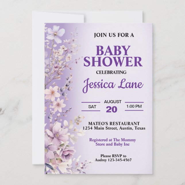 Invitation Beau Baby shower de fleurs violettes (Devant)