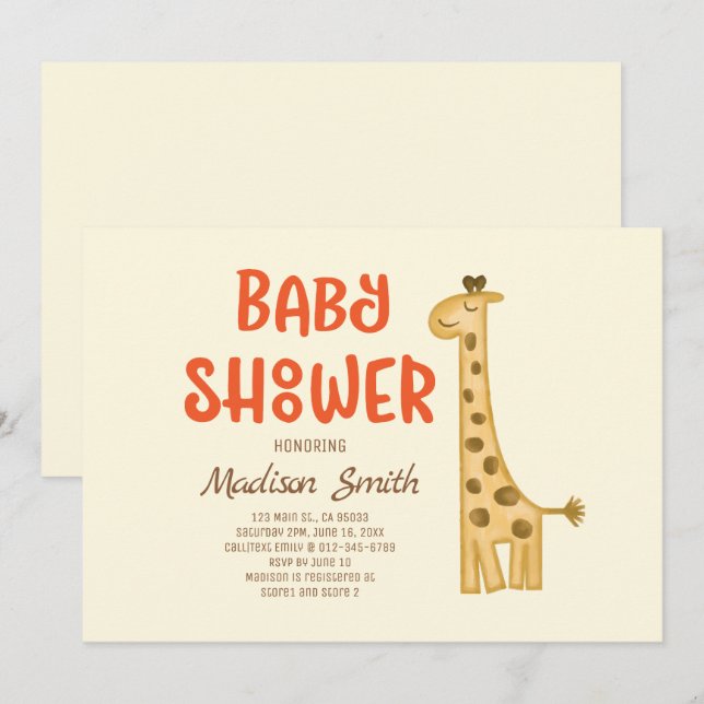 Invitation Beau Baby shower de la Girafe Doodle Watercolor (Devant / Derrière)