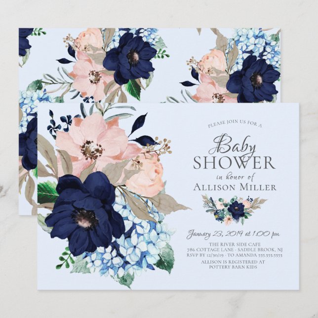 Invitation Beau Baby shower floral bleu marine et bleu (Devant / Derrière)