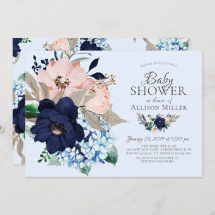 Invitation Beau Baby shower floral bleu marine et bleu