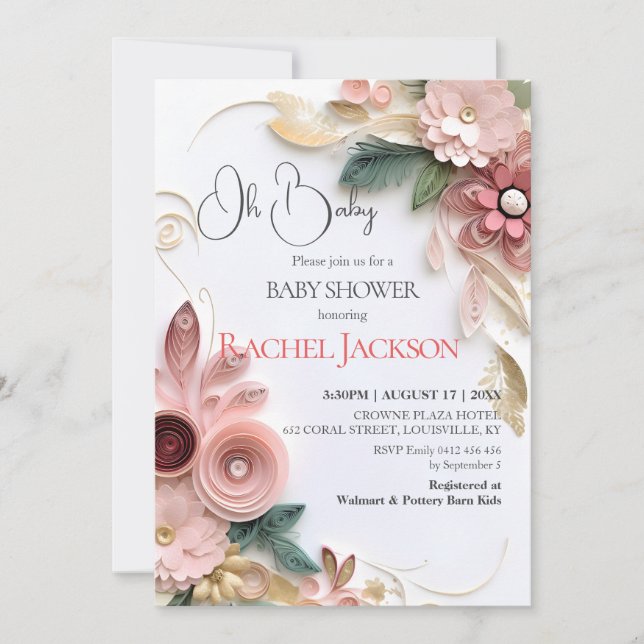 Invitation Beau Baby shower Floral Papier Quilling Cadre (Devant)