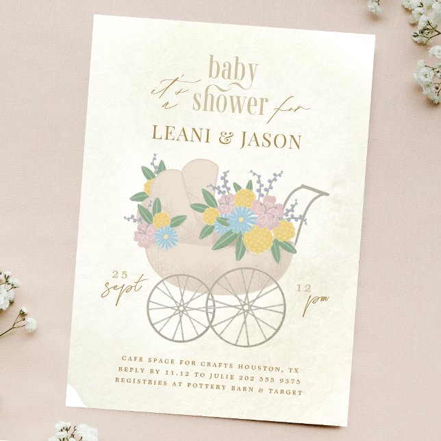 Invitation Beau Baby shower Floral Pram Fleurs Rustiques (Créateur téléchargé)