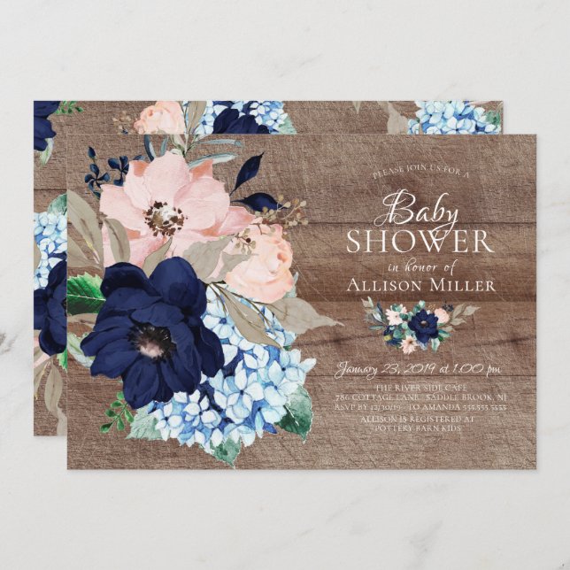 Invitation Beau Baby shower floral rustique et bleu marine (Devant / Derrière)