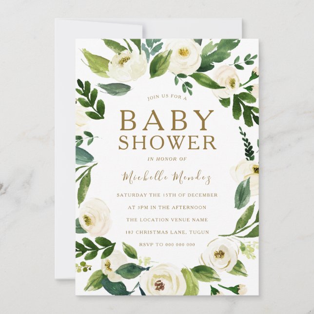 Invitation Beau Baby shower neutre en couronne de fleurs blan (Devant)