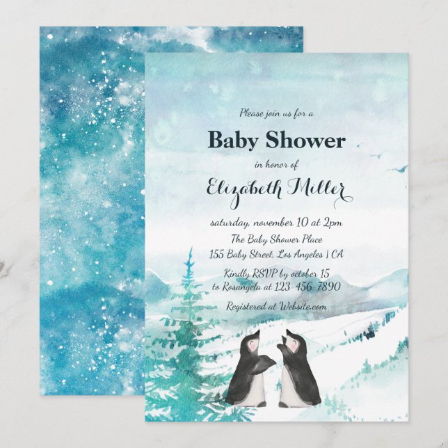 Invitation Beau Baby shower Paysager De Neige De Pingouin (Devant / Derrière)