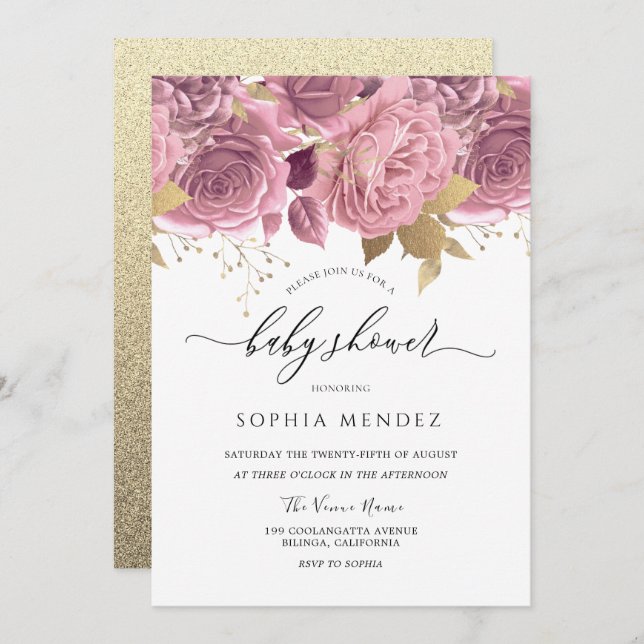 Invitation Beau Baby shower rose rose floral or rose (Devant / Derrière)