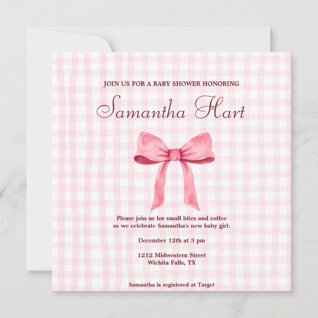 Invitation Beau Baby shower rose simpleGingham rose Bow (Devant)