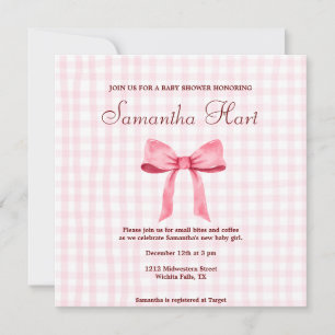 Invitation Beau Baby shower rose simpleGingham rose Bow