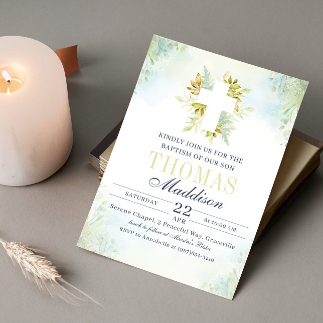 Invitation Beau Baptême de Croix Blanche Botanique (Créateur téléchargé)