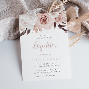 Invitation Beau Baptême Floral Rose Doux Bébé Fille Baptême