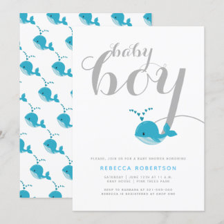 Invitation Beau bleu baleine typographie bébé garçon douche