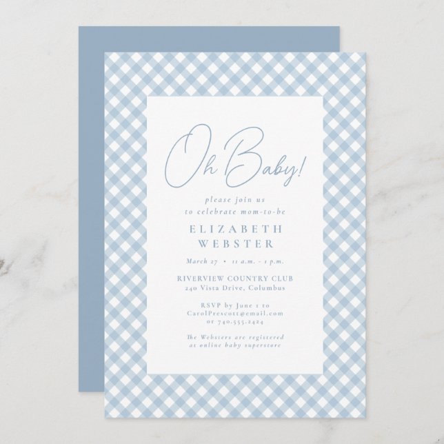 Invitation Beau bleu en vichy baby shower simple (Devant / Derrière)