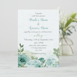 Invitation beau bleu fleurs vert feuille mariage