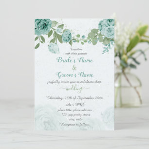 Invitation beau bleu fleurs vert feuille mariage