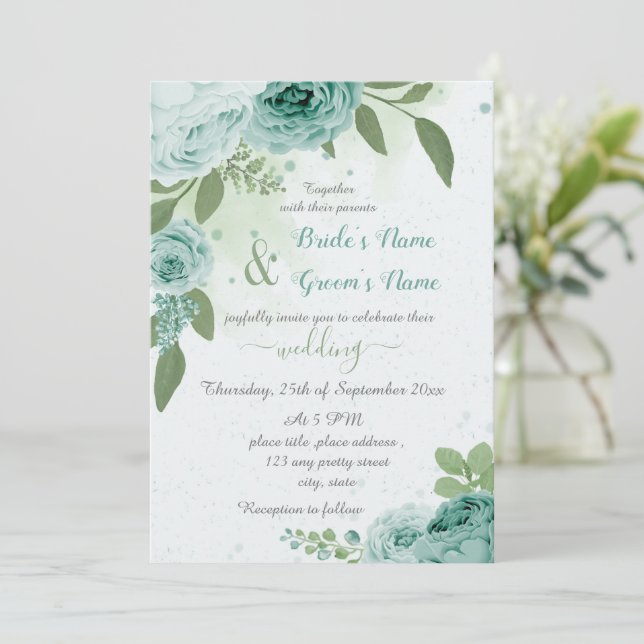 Invitation beau bleu fleurs vert feuille mariage (Debout devant)