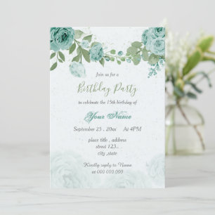 Invitation beau bleu fleurs vert feuilles anniversaire