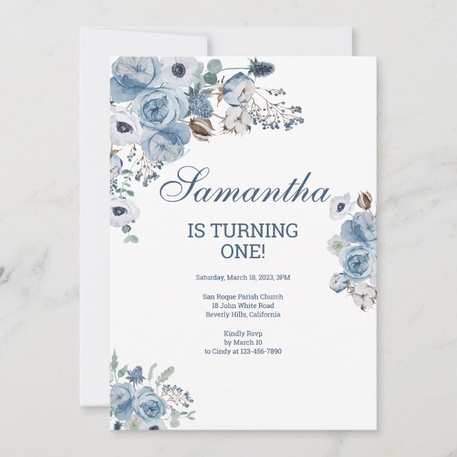 Invitation Beau Bleu Floral Anniversaire (Devant)