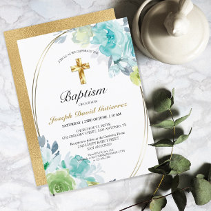 Invitation Beau bleu Floral Gold Cross Baby Baptism