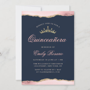 Invitation Beau bleu marine & agate blush quinceañera