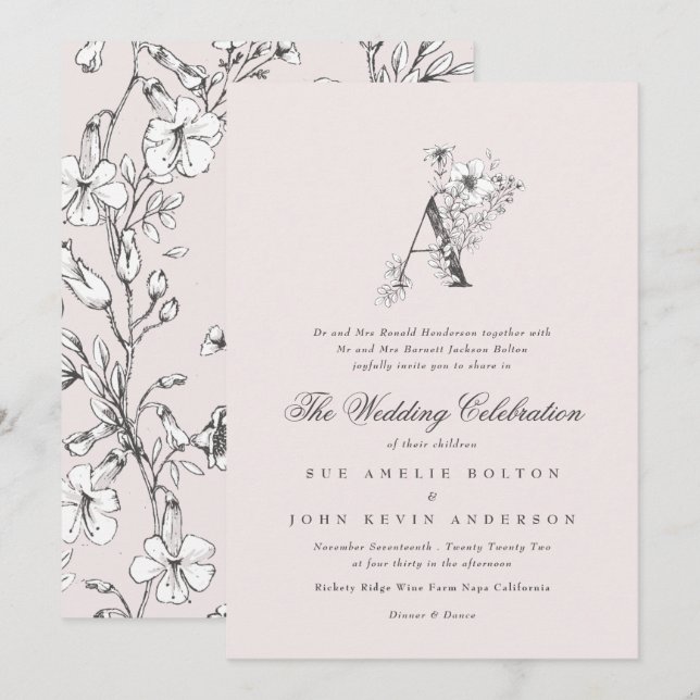 Invitation Beau Blush Floral 'A' Monogramme Sketched (Devant / Derrière)