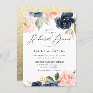 Invitation Beau Blush & Navy Fleurs Dîner de répétition