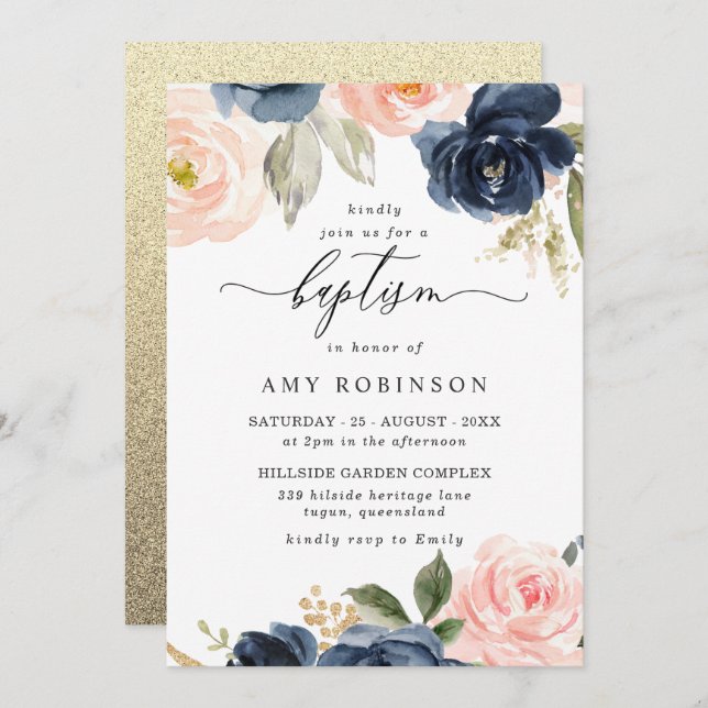Invitation Beau Blush & Navy Fleurs Garçon Fille Baptême (Devant / Derrière)