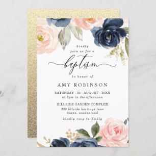 Invitation Beau Blush & Navy Fleurs Garçon Fille Baptême
