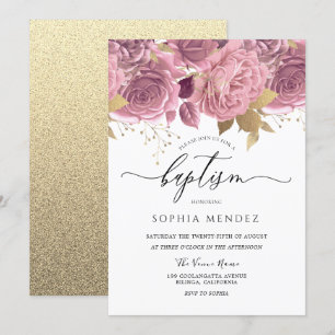 Invitation Beau Blush Rose Floral Gold Girls Baptême