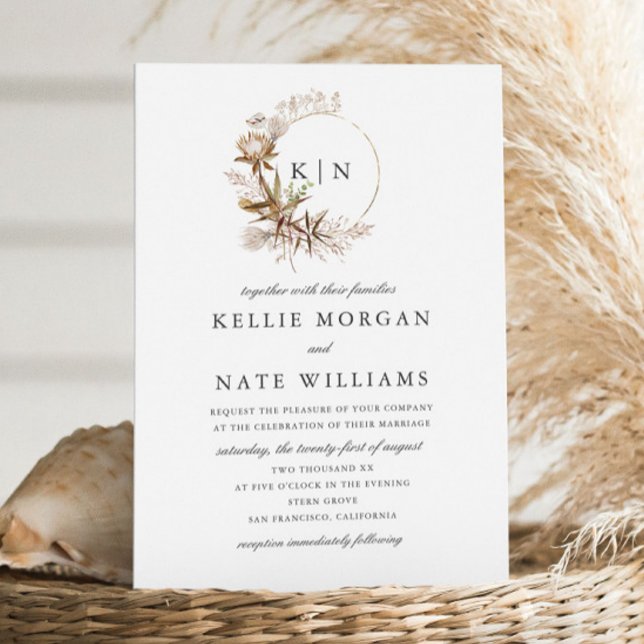 Invitation Beau Boho Botanical Wreath Monogram Mariage (Créateur téléchargé)