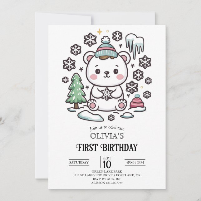 Invitation Beau Boho Polar Bear 1er Anniversaire numérique (Devant)