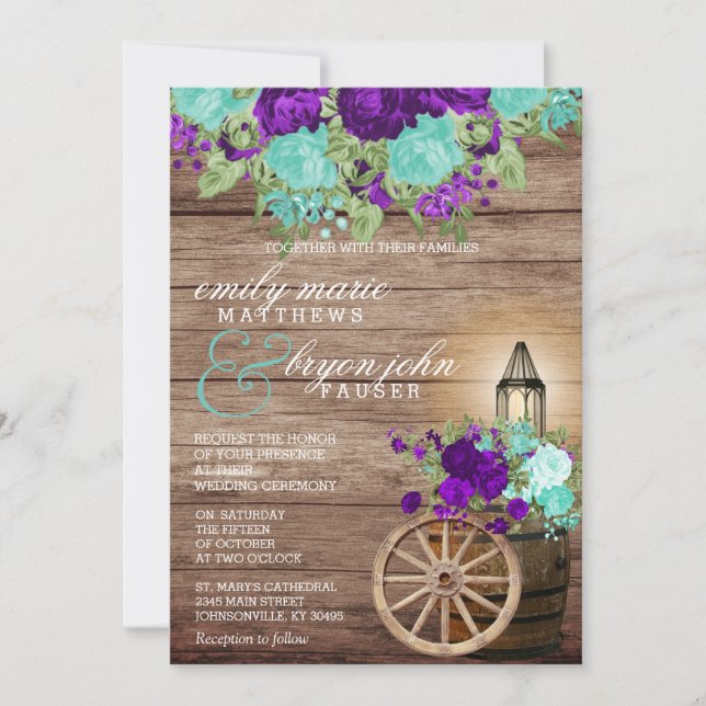 Invitation Beau bois d'Amérique avec Turquoise & foncé violet (Devant)