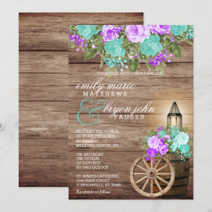 Invitation Beau bois Patiné avec fleurs Turquoises et violett