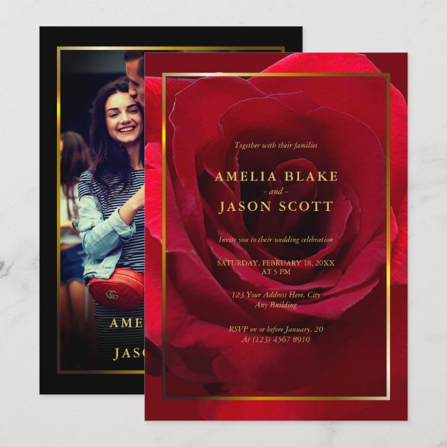 Invitation Beau cadre Rouge Rose Gold avec Mariage photo (Devant / Derrière)