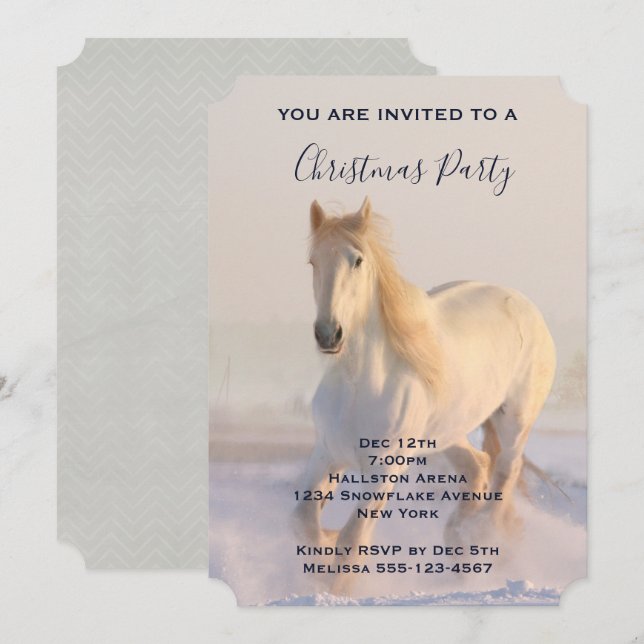 Invitation Beau Cheval Blanc Courir à Noël Neige (Devant / Derrière)
