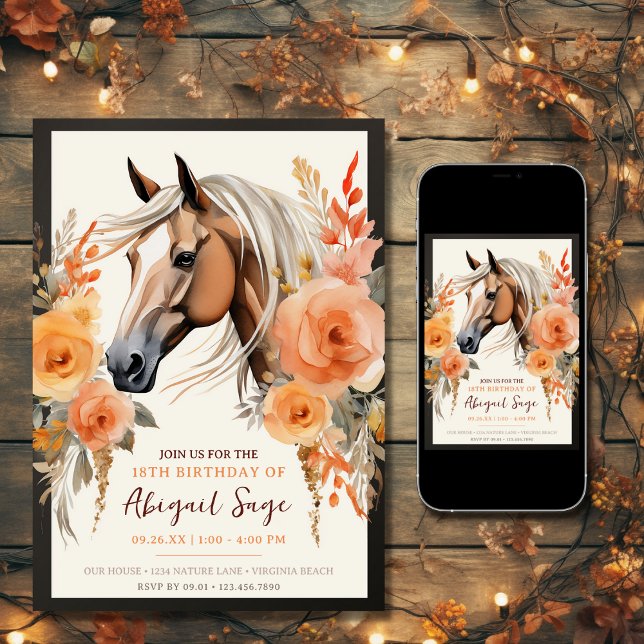 Invitation Beau Cheval et Fleurs Anniversaire (Printed and Digital - Beautiful Horse and Flowers Birthday Invitation)