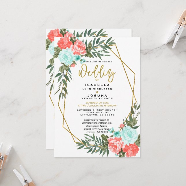 Invitation Beau corail et Turquoise floral clair (Devant/Arrière en situation)