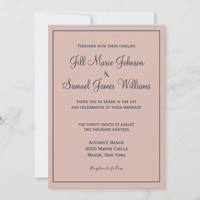 Invitation Beau Dusty Rose et Mariage bleu (Devant)