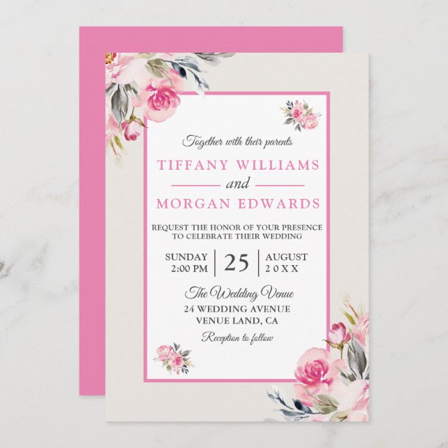 Invitation Beau Elégant Mariage floral rose (Devant / Derrière)