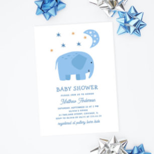 Invitation Beau éléphant bleu et lune. Baby shower garçon mig