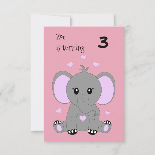 Invitation Beau éléphant en rose, anniversaire pour filles (Devant)