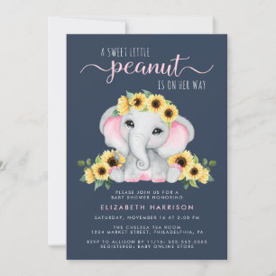 Invitation Beau Eléphant Fleurs de soleil Bleu Bébé Fille Dou