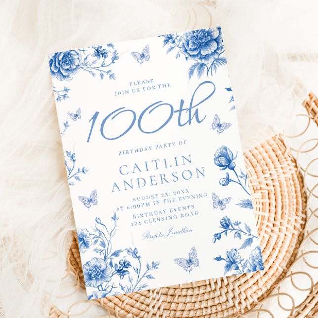 Invitation Beau Enchanted Blue Floral 100e anniversaire (Créateur téléchargé)