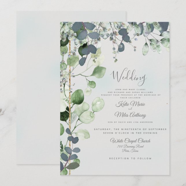 Invitation Beau feuillage d'eucalyptus Les deux parentsInvita (Devant / Derrière)